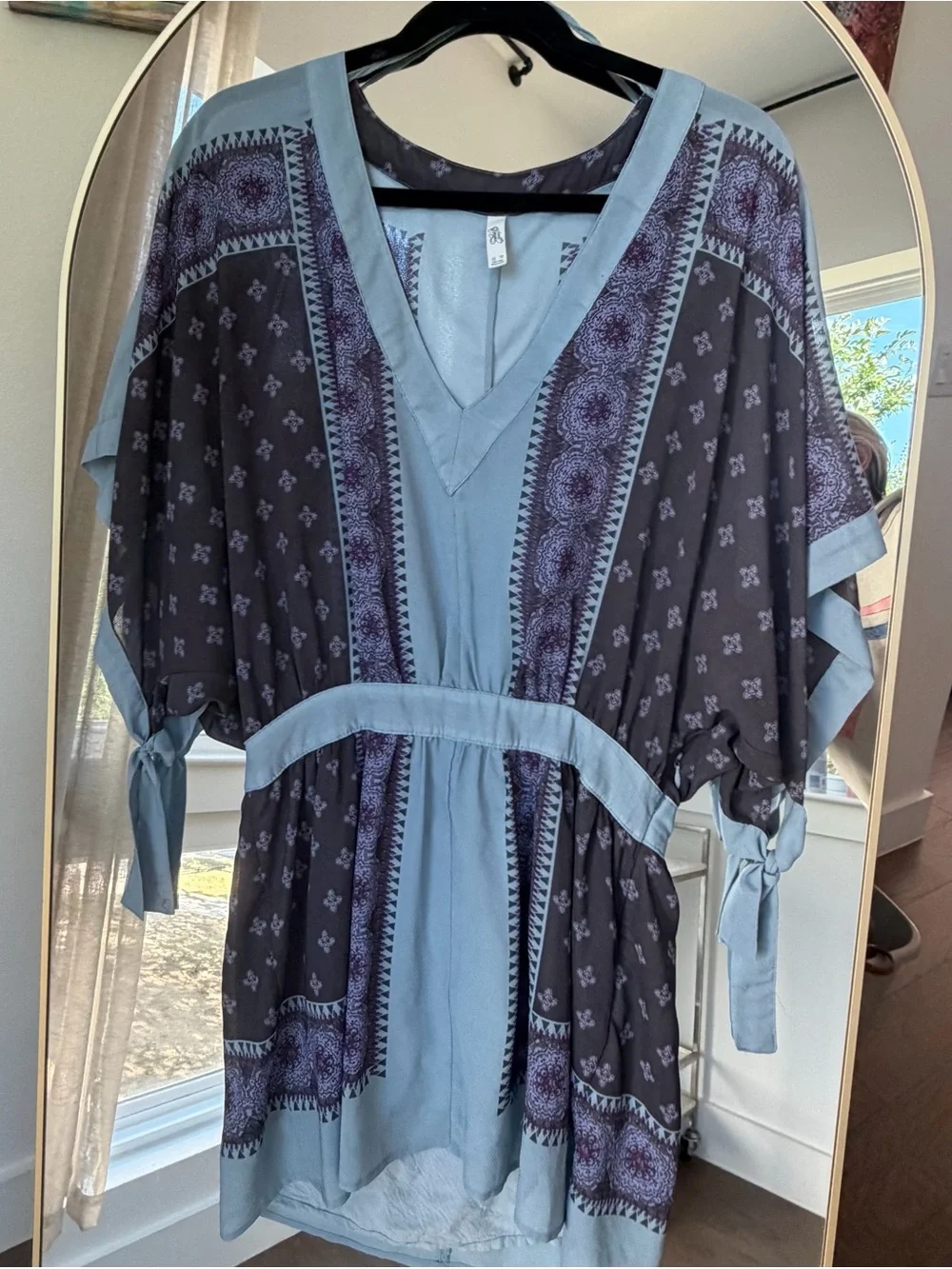 Free People Light Blue and Charcoal Printed V-Neck Tunic Dress